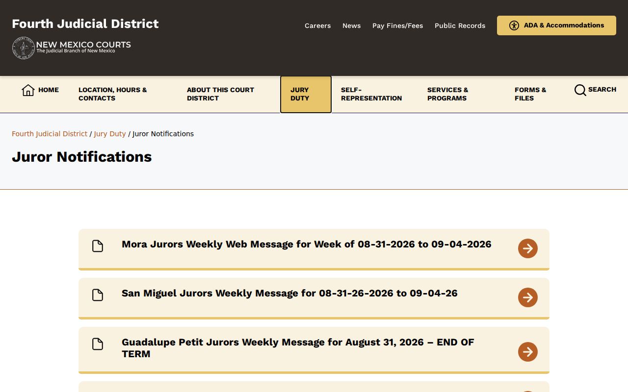 Mora County civil docket Fourth Judicial District Mora juror notifications list