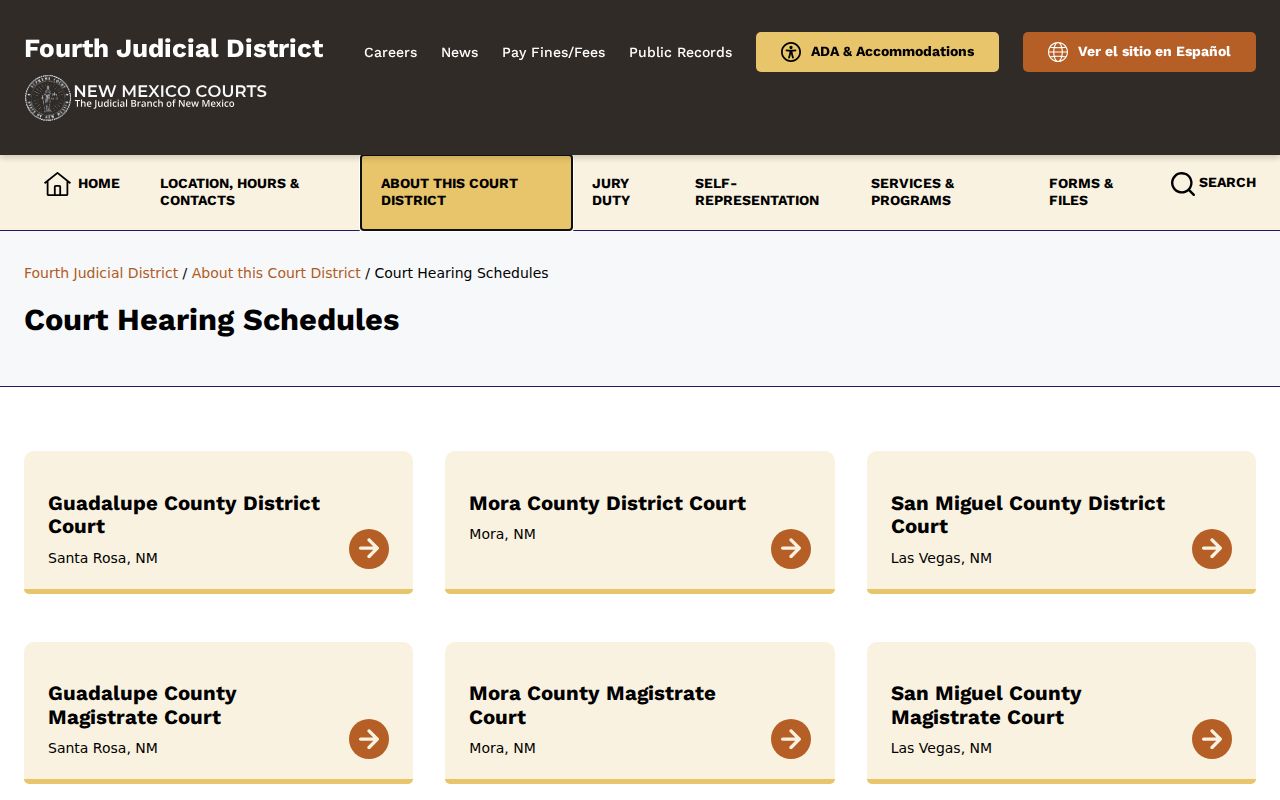 Mora County court dates at the Fourth Judicial District hearing schedules index