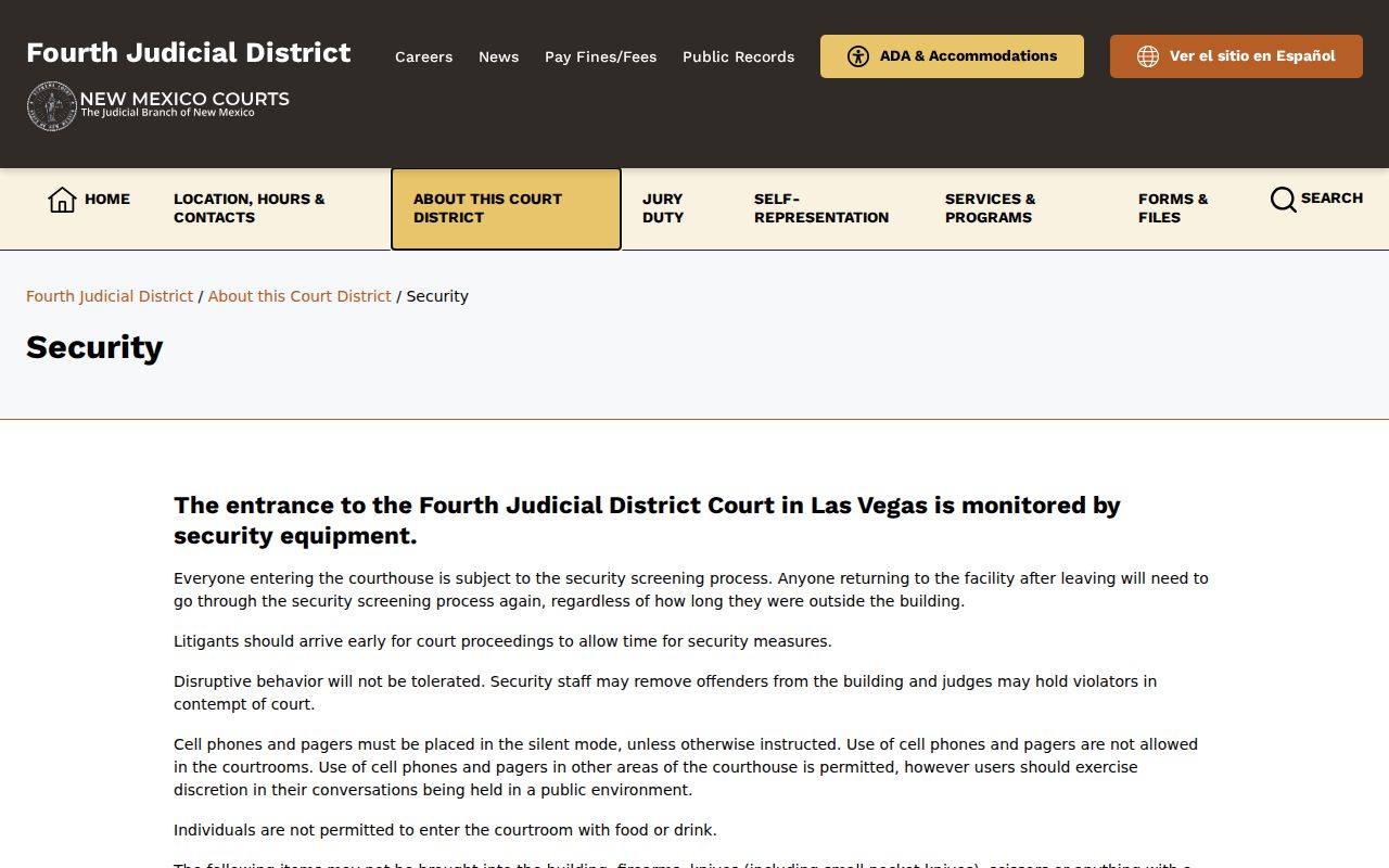 Mora County criminal docket Fourth Judicial District Las Vegas courthouse security information
